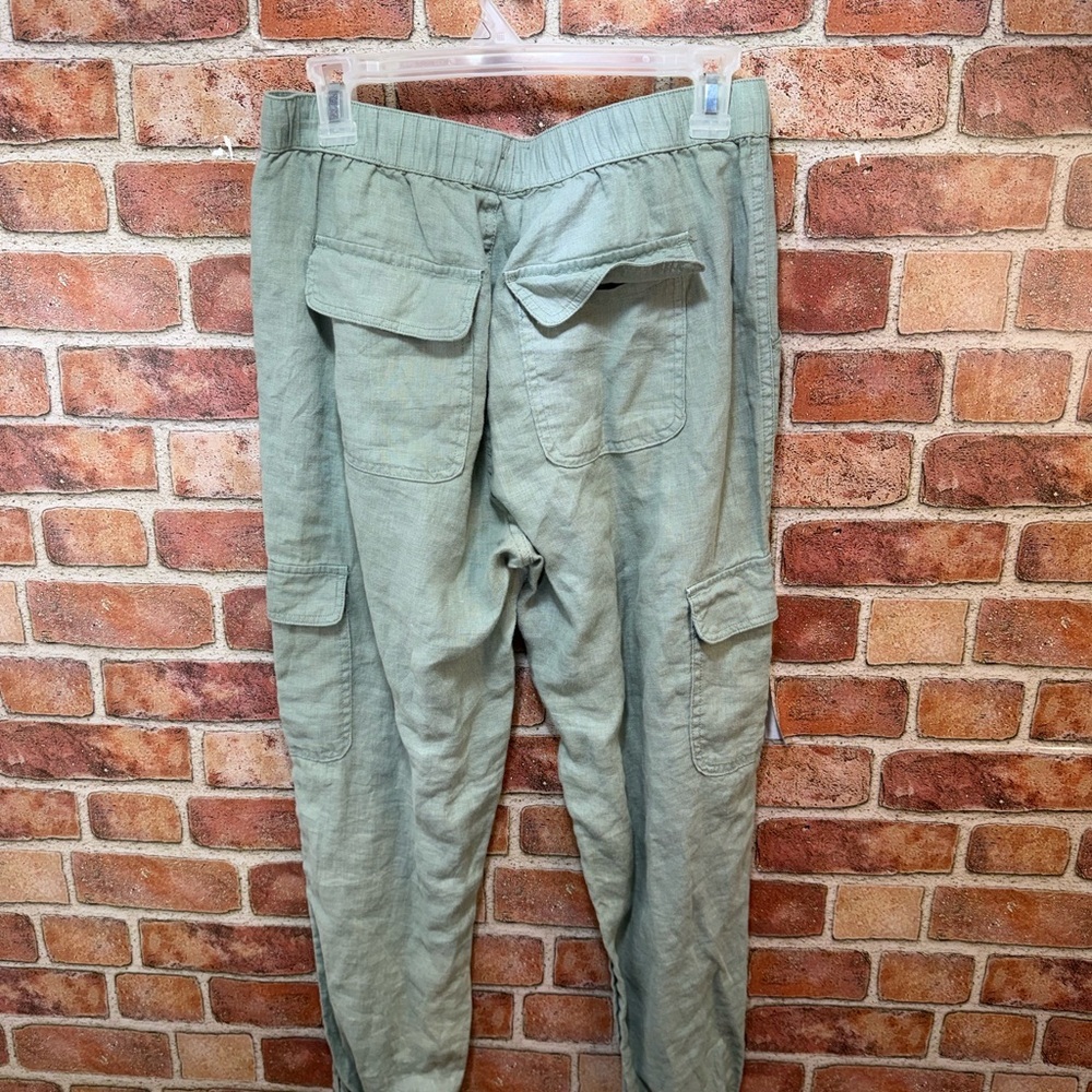 Linen drawstring waist euro summer minimalist Olive/sage Green Cargo Jogger Pant - Picture 2 of 7